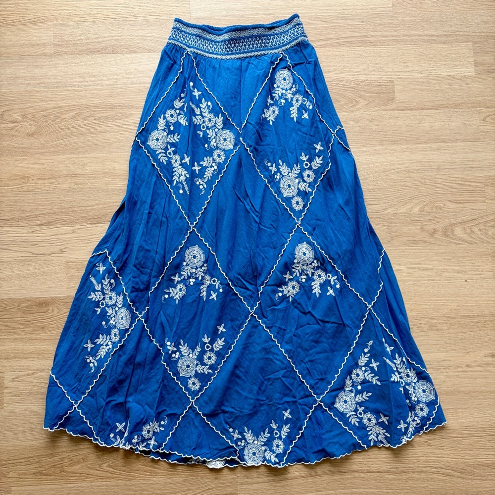 Meadow Rue Blue and White Embroidered Maxi Skirt